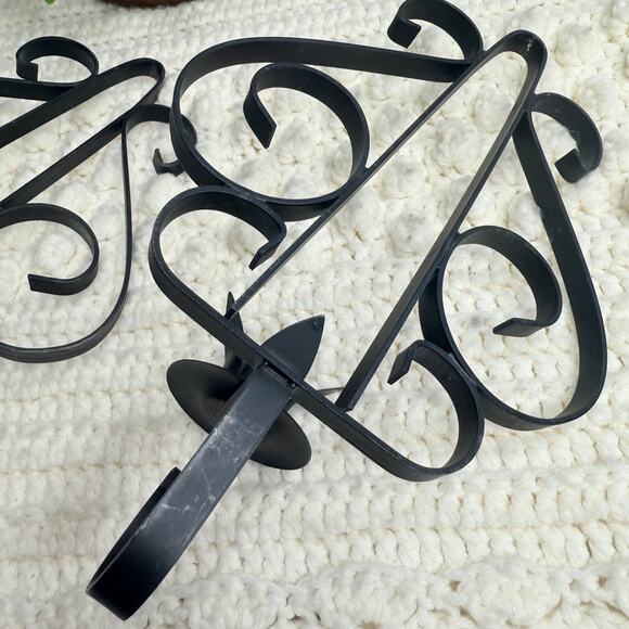 VINTAGE 2 Pc Set Gothic Wrought Iron Wall Sconces Candlestick Black Traditional - Picture 7 of 8